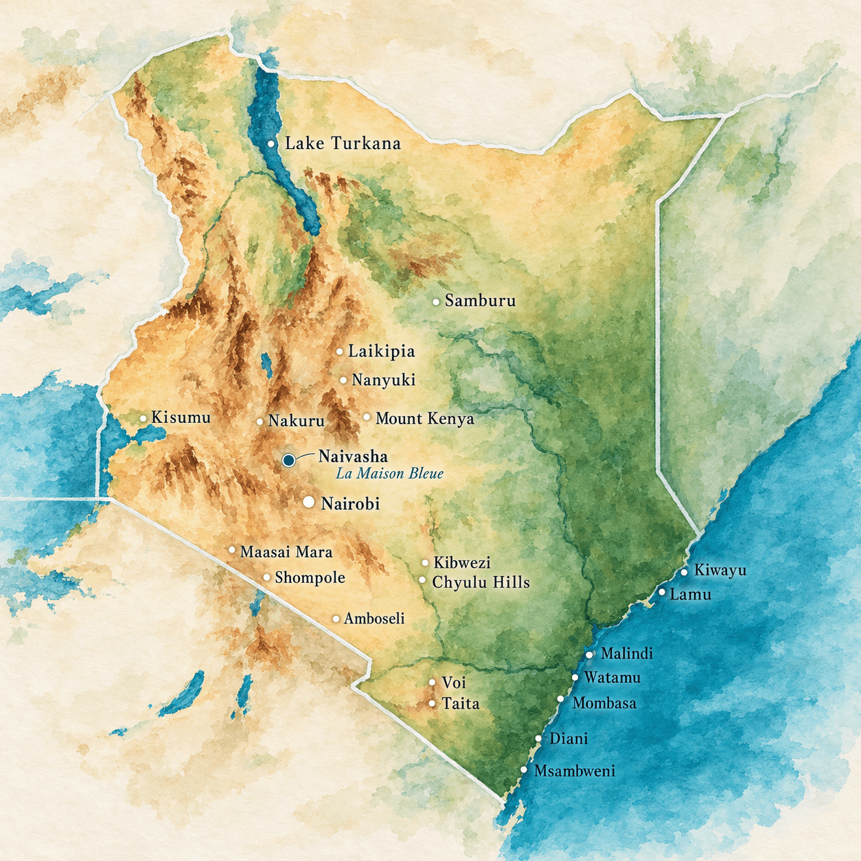 La Maison Bleue Naivasha — watercolor map of Kenya with Naivasha marked